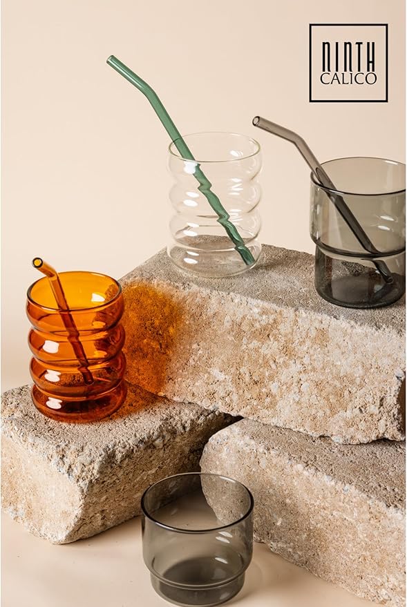 10 Pcs Reusable Glass Drinking Straws, Colorful and Durable Glass Straws for Beverages, Smoothies, Iced Coffee, Juice, Set of 10-5 Straight, 5 Bent, 2 Cleaning Brushes (Desert Set)