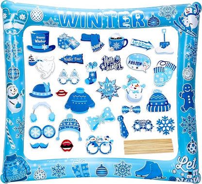 31 PCS Snowflake Photo Booth Props Winter Snowman Photo Props Winter Wonderland Party Decorations for Xmas Holiday Party Christmas Party Supplies Favors