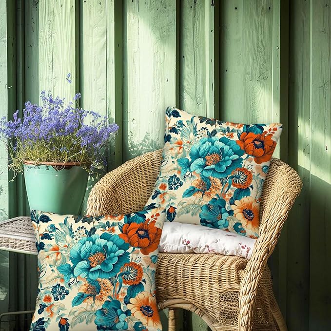 Floral Throw Pillow Covers 18x18 Set of 2, Flower Pillowcase for Couch, Sofa, Living and Bed Room, Vintage Home Decoration with Zipper Closure