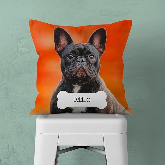 Custom Pet Photo Pillow Cover 16x16 Inch – Personalized Dog or Cat Pillow with Name in Bone Shape, Pet Picture Cushion, Custom Throw Pillowcase, Gift for Dog Lovers, Pet Owners, Animal Lovers