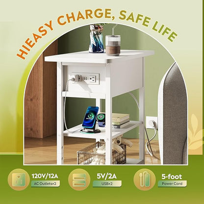 WLIVE End Table with Charging Station, Flip Top Side Table with Storage Shelf, Sofa Couch Table with USB Ports and Outlets, Narrow Bedside Table for Living Room, Bedroom ,11.81"D x 23.62"W x 24.33"H