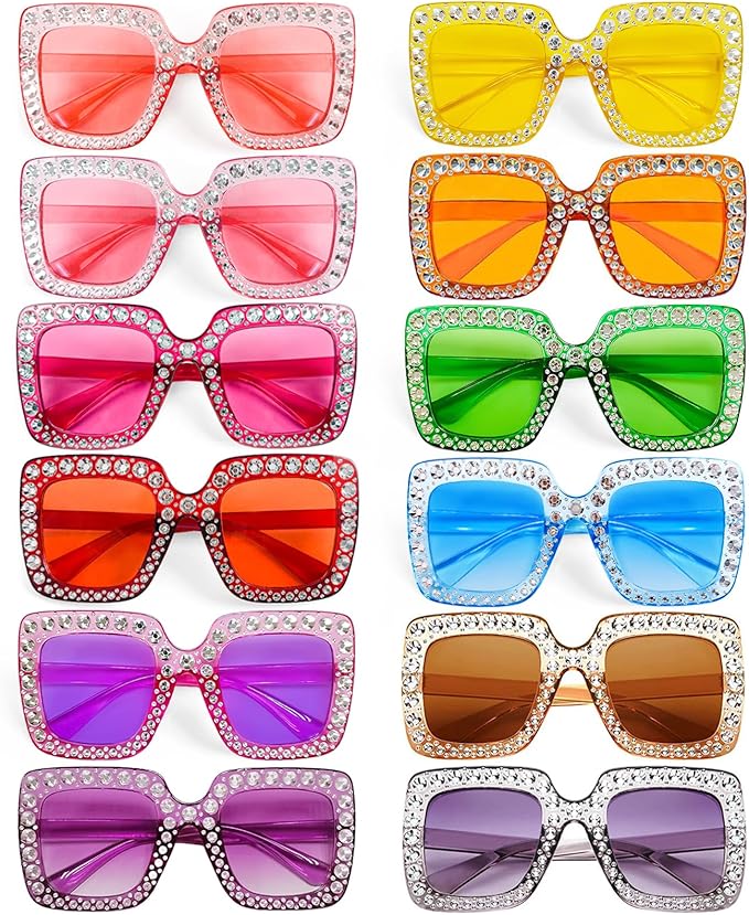 Pibupibu 12/24 Pack Fun Oversized Square Crystal Sunglasses for Women Bulk, Disco Rhinestone Sparkling Glasses Party Favors