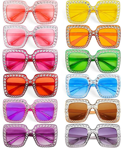 Pibupibu 12/24 Pack Fun Oversized Square Crystal Sunglasses for Women Bulk, Disco Rhinestone Sparkling Glasses Party Favors
