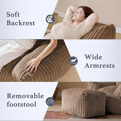Oversized Bean Bag Chaise Lounge Chair Indoor for Adults with Armrests & Ottoman - Giant Comfy Khaki Beanbag Floor Sofa Cloud Accent Chair for Reading, Gaming, Cozy Plush Cloud Mini Couch