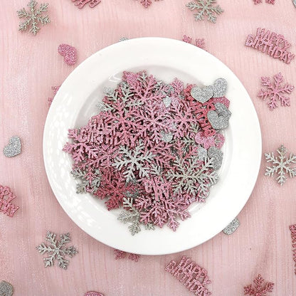 Pink Silver Snowflake Happy Birthday Confetti for Table – 200PC Glitter Snowflakes Table Confetti for Girl Winter Wonderland Birthday Party Decorations