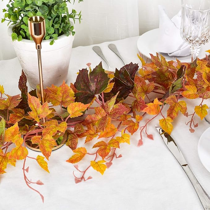 2 Pack Fall Maple Leaf Vine Clearance, 6.5 Ft/Piece Hanging Vine Garland Artificial Autumn Foliage Thanksgiving Decor for Home Wedding Fireplace Party