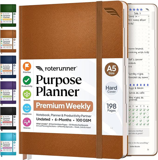 Roterunner Purpose Planner Notebook A5 5.8”x8.3” Undated 2026 Daily Weekly and Monthly Productivity Goal Setting Tool for Work Home ADHD Planner for Adults Self Care Journal (Tan Hardcover)