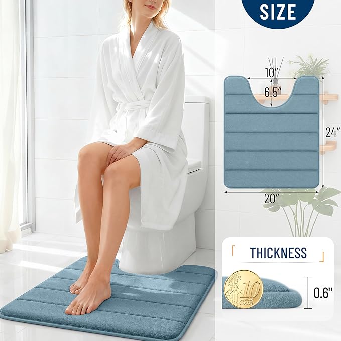 OLANLY Memory Foam Toilet Rugs U Shaped 24x20, Super Soft Absorbent Contour Bath Rugs, Quick Dry, Machine Washable Toilet Mat, Bathmat Floor Carpet, Bathroom Home Decor Accessories, Airy Blue