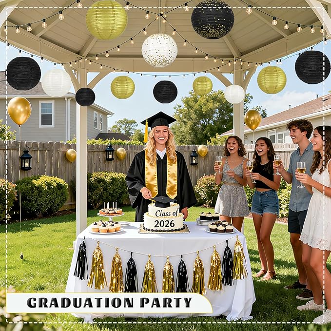 12Pcs Black and Gold Party Decorations, Various Sizes (6" 8" 10") Hanging Paper Lanterns for Men 50th 60th Birthday Graduation Retirement New Years Decorations New Years Eve Party Supplies 2026