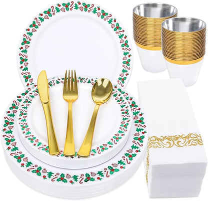 175pcs Christmas Party Supplies - 25 Plastic Plates, 25 Gold & Silver Disposable Plastic Silverware, Clear Gold Cups for Christmas