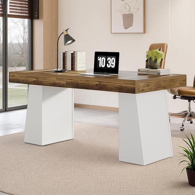 Tribesigns 55-Inch Executive Desk, Large Wood Office Computer Desk with Double Pedestal, Modern Minimalist Workstations Writing Table Conference Table Furniture for Home Office, Brown&White