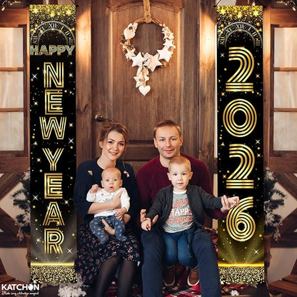 KatchOn, Large Happy New Years Door Banner 2026-72x12 Inch | Black and Gold Hanging Porch Sign | Happy New Year 2026 Banner | New Years Eve Party Supplies for Outdoor, Indoor | Home Wall Decor