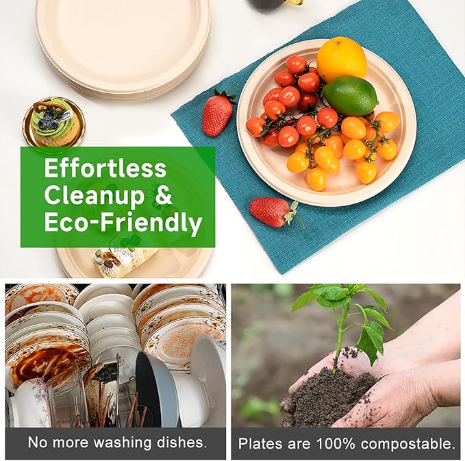 RACETOP Compostable Paper Plates 7 Inch [125 Pack], Disposable Biodegradable Heavy Duty Paper Plates, Made of Natural Sugarcane Fibers, Unbleached Brown, Round