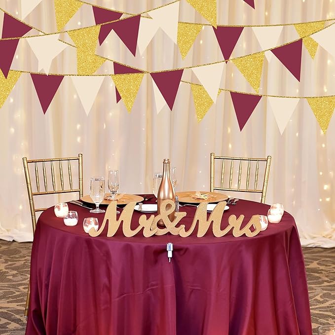 Burgundy Beige Gold Party Pennant Banner Flag Maroon Gold Hanging Glitter Paper Triangle Bunting for Graduation Birthday Bridal Shower Wedding Bachelorette Anniversary Baby Shower Party Decorations