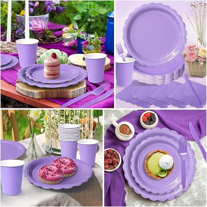 Vyntra 350 PCS Disposable Plates for Party, Paper Plates & Napkins Set with Cups, Knives, Forks, Spoons, 7'' Dessert and 9'' Dinner Plates for Birthday, Bridal & Baby Shower - Lavender/Light Purple