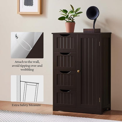Yaheetech Wooden Bathroom Floor Cabinet, Side Storage Organizer Cabinet with 4 Drawers and 1 Cupboard, Freestanding Entryway Storage Unit Console Table, Home Decor Furniture, Brown