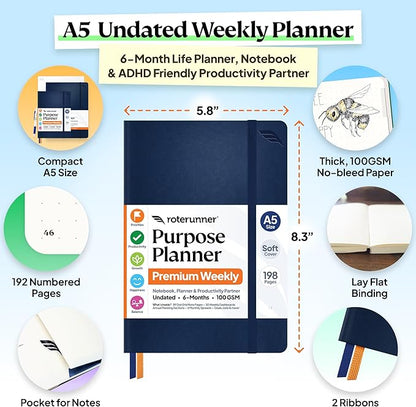 Purpose Planner Notebook A5 5.8”x8.3” Undated 2026 Daily Weekly and Monthly Productivity Goal Setting Tool for Work Home ADHD Planner for Adults Self Care Journal (Navy Softcover)