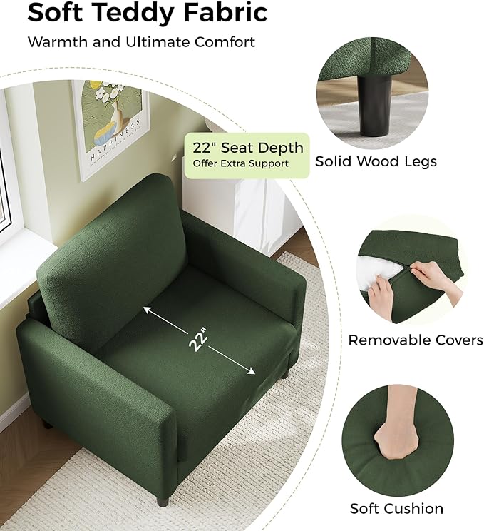 Sofa Reading Chair,33" Accent Chair for Bedroom, Tool-Free Setup Living Room Accent Chairs, Comfy Arm Chairs Living Room, All-Wood Reading Nook, Green