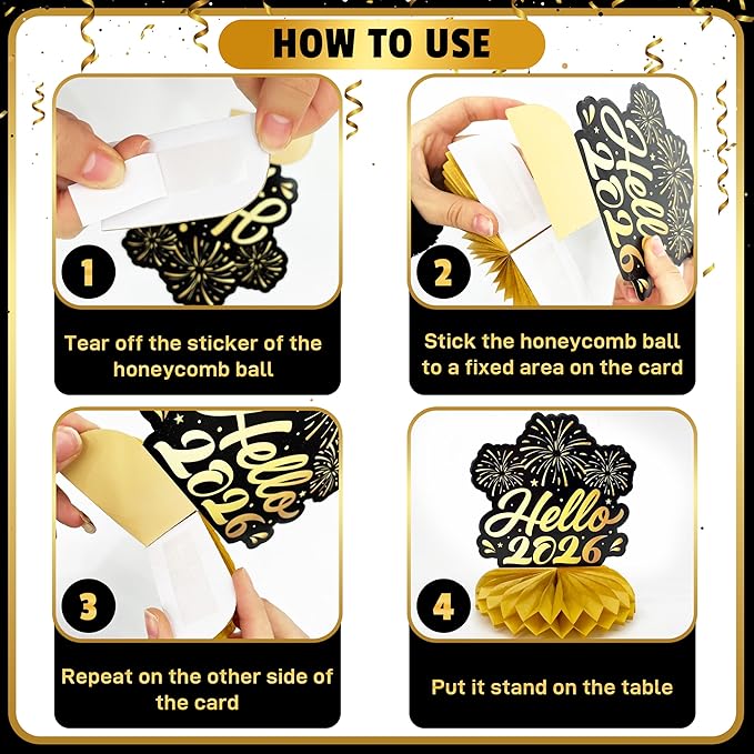 New Years Eve Table Centerpieces 2026 - Black and Gold Honeycomb Table Decorations, New Year's Eve Party Supplies for 2026 NYE Celebration