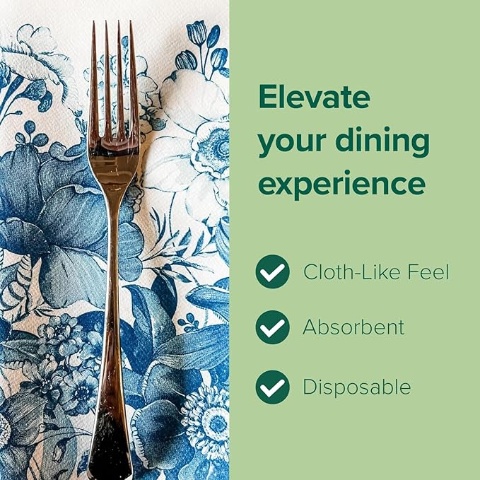 SimuLinen Blue Floral Decorative Dinner Napkins, Disposable Cloth-Like Paper Napkins, Linen Feel, Premium Airlaid Material, Highly Absorbent, Pack of 60
