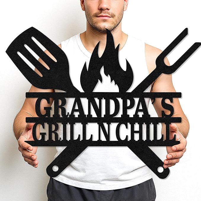 Personalized BBQ Patio Metal Sign, Custom Grill Cut Name Wall Decor for Backyard Kitchen, Rustic Outdoor Barbecue Gift