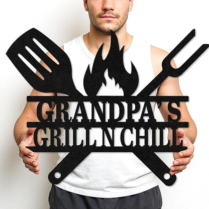 Personalized BBQ Patio Metal Sign, Custom Grill Cut Name Wall Decor for Backyard Kitchen, Rustic Outdoor Barbecue Gift