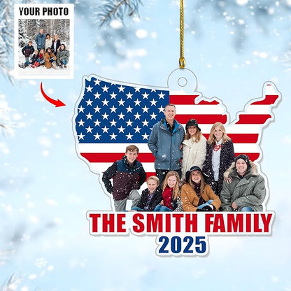 God Family Country Ornament 2025 – Personalized Acrylic USA Flag Ornament, Custom Photo Patriotic Christmas Tree Decoration, Memorial Keepsake Gift for Family, Veterans & Proud Americans