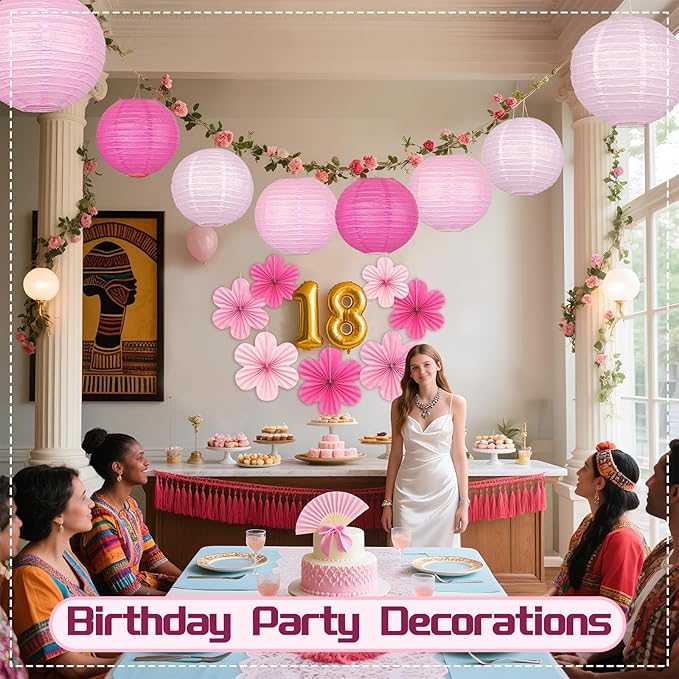 18Pcs Pink Party Decoration Kit, Hanging Pink Paper Lanterns Paper Flowers Fans for Girls Women Birthday Baby Bridal Shower Wedding Valentines Day Decorations