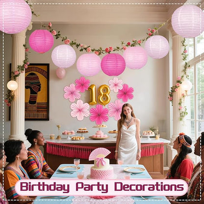 18Pcs Pink Party Decoration Kit, Hanging Pink Paper Lanterns Paper Flowers Fans for Girls Women Birthday Baby Bridal Shower Wedding Valentines Day Decorations