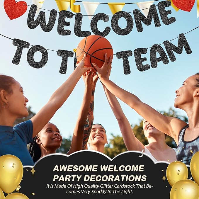 Fulmoon Pre Strung Welcome to The Team Banner with Two Heart Signs, NO DIY, Glitter Welcome Party Supplies for New Employee, Coworker, Colleague, Staff, Team Member Office Decorations(Black)