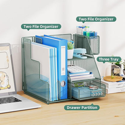 Marbrasse Desk Organizer and Accessories, 3-Tier File Organizer with Drawer and Pen Holder, Small Desktop Organizer and Storage for Workspace Office Supplies Green