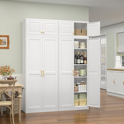 Kitchen Pantry Storage Cabinets, 86" Tall Metal Storage Cabinet with Doors and 4 Shelves, Food Pantry Cabinet, White Kitchen Cupboard, Large Steel Cabinets for Dining, Office, Living Room