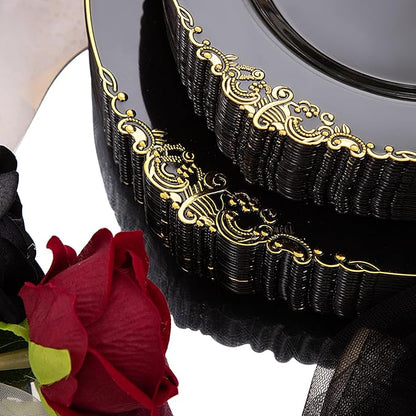 Hioasis 350pcs Black and Gold Plastic Plates - Diposable Dinnerware Set Suitable for 50 Guests Include 10.25" Dinner & 7.5" Dessert Plates, Pre Rolled Silverware Set, Cups for Party & Wedding