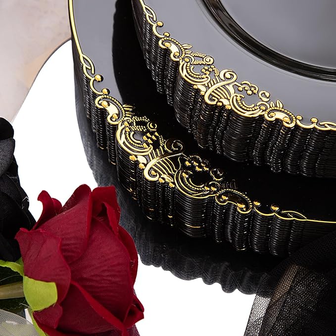 Hioasis 175pcs Black and Gold Plastic Plates - Elegant Disposable Dinnerware Set Suitable for 25 Guests Include 10.25" Dinner & 7.5" Dessert Plates, Cutlery, Napkins, Cups for Party & Wedding