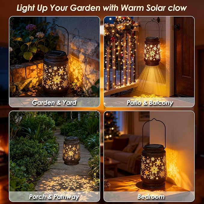 Outdoor Solar Lanterns Waterproof, Metal Hanging Solar Lights Snow Garden Decor Birthday Gifts for Women Mom Grandma for Patio Backyard Yard Pathway Porch