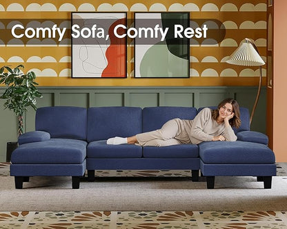 Furmax Sectional Couches for Living Room, U-Shaped Sofa Couch with Linen Fabric, 4 Seat Sofa Set with Double Chaise for Apartment (Loop Yarn, Navy Blue)