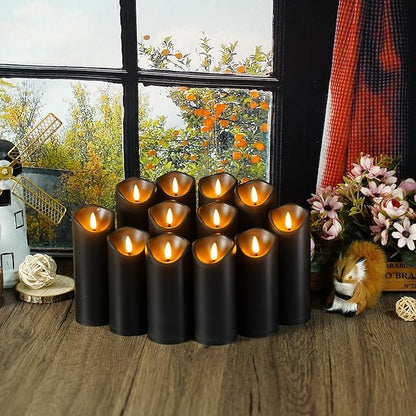 Flameless Candles with Remote, Battery Operated Flickering Flameless Candles, LED Candles with Timer 2/4/6/8H, with Realistic LED Candles Set of 12 (D2.2 x H 5" 6" 7") (Black)