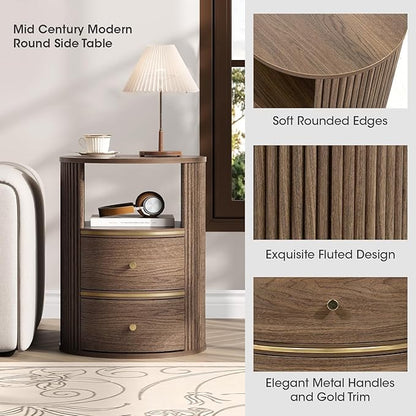 Round Coffee Table and End Table Set,31.5" Mid Century Modern Living Room Furniture, Walnut Fluted Center Table with Storage & Matching Side Table for Small Space
