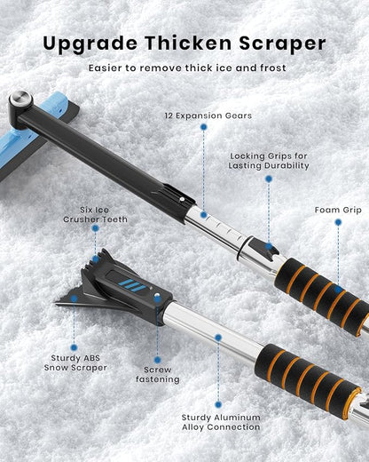 helloleiboo 43.7" Extendable Ice Scrapers for Car Windshield for 12 Adjustable Length Settings with Foam Grip and 360° Pivoting Brush Head Detachable Snow Brush for Truck SUV(Blue)