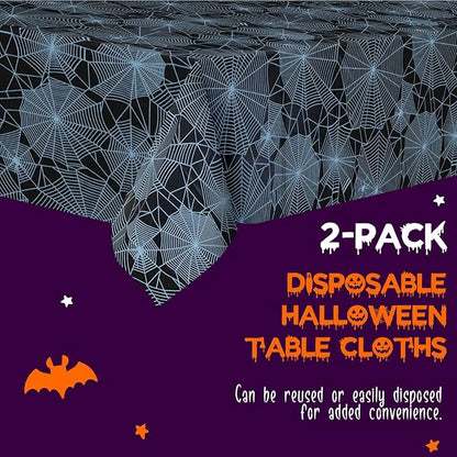 Halloween Tablecloth - 2-Pack Disposable Spider Web Plastic Table Covers, 54 x 108 Inches - Halloween Party Decorations