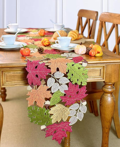 KEVA Fall Table Runner 108inches Long, Thanksgiving Harvest Cutwork Embroidered Table Runner 13in x 108in, Autumn Maple Leaves Table Decoration for Home Dining Kitchen Table