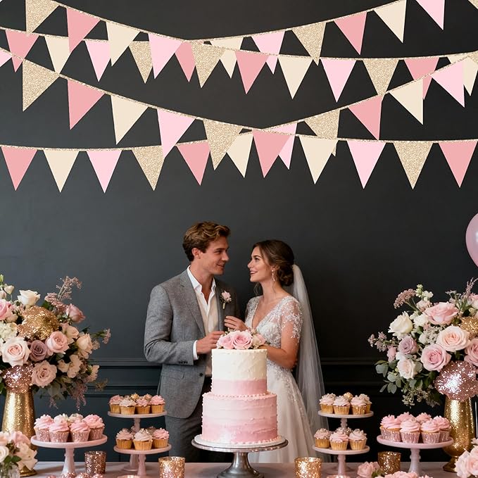 Champagne Gold Dusty Rose Pink Beige Party Pennant Banner Flag Hanging Glitter Paper Triangle Bunting for Women Girls Birthday Baby Shower Wedding Bridal Shower Holiday Party Decorations Supplies