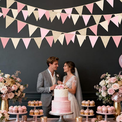 Champagne Gold Dusty Rose Pink Beige Party Pennant Banner Flag Hanging Glitter Paper Triangle Bunting for Women Girls Birthday Baby Shower Wedding Bridal Shower Holiday Party Decorations Supplies