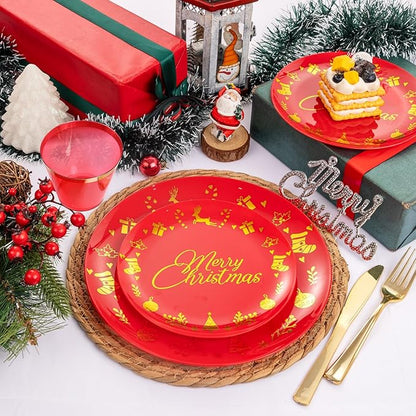 Ciaell 175 Pieces Christmas Plastic Plates - Red and Gold Plastic Plates include 25Dinner Plate, 25Dessert Plate, 25Knives, 25Forks, 25Spoons, 25cups, 25 Christmas Napkins for Xmas Party