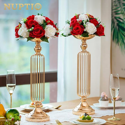 NUPTIO Flower Centerpieces for Wedding Tables: 10 Pcs Red & White Artificial Flower Ball Arrangement for Christmas Thanksgiving Party - 2 Pcs Fake Floral Rose for Bridal Shower Decor