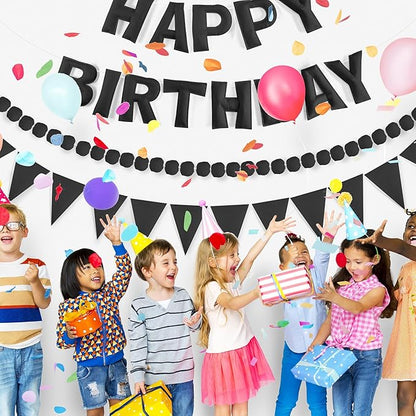 CANREVEL Pre-Strung 3D Happy Birthday Banner, 3 PCS Black Happy Felt Garland, Pom Pom Garland, Triangle Fabric Bunting, Reusable Black Birthday Decorations