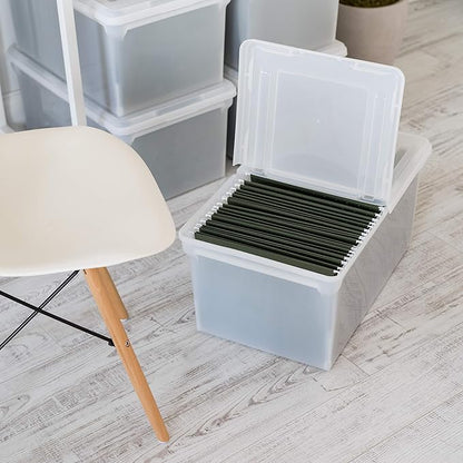 IRIS USA File Box, File Organizer w/Hinged Split Lid for Letter File, Important Document Box, Plastic Storage Filing Bin for Moving, Stackable Nestable Portable, Clear 44 Qt. 5 Pack