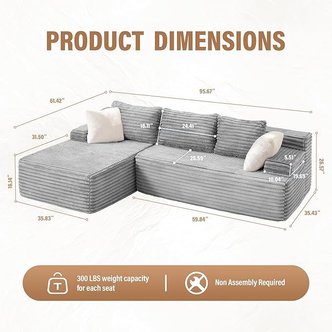 Hobestluk Modular Sectional Sofa Couches L-Shape Couch 3 Seat Modular Sofa Memory Foam Sectional Couches for Living Room, Cloud Couch with Oversized Chaise (96” Left Facing)