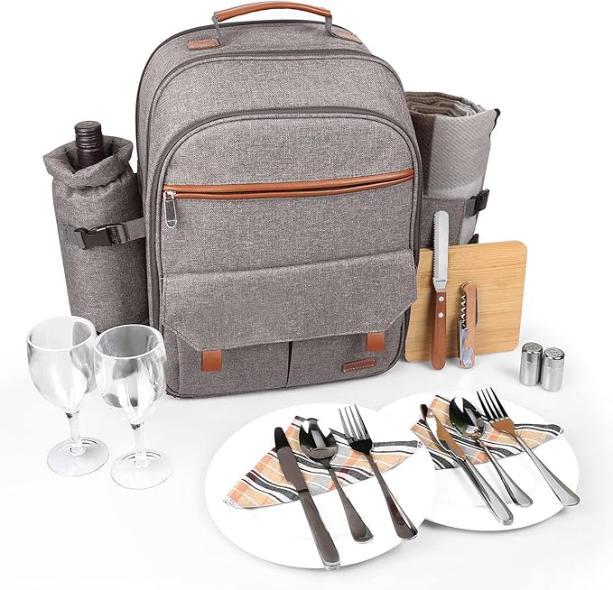 Sunflora Insulated Picnic Backpack for 2 Person Bag with Cooler Compartment, Blanket and Stainless Steel Cutlery Set for Couple, Lovers and Friends (Brush Beige)