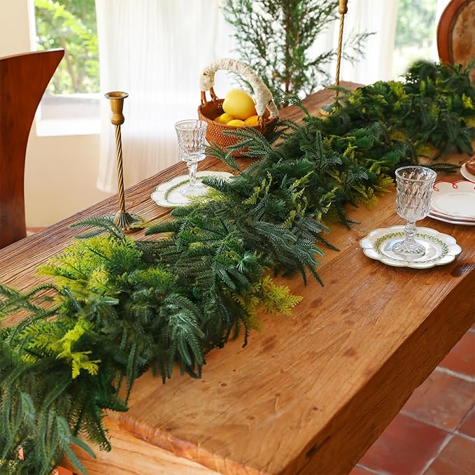 Norfolk Pine Garland Artificial Real Touch Green Thick Cedar Cypress Spruce 6FT Greenery Christmas Decor for Mantle Fireplace Wall Table Railings Indoor Outdoor Xmas Decorations